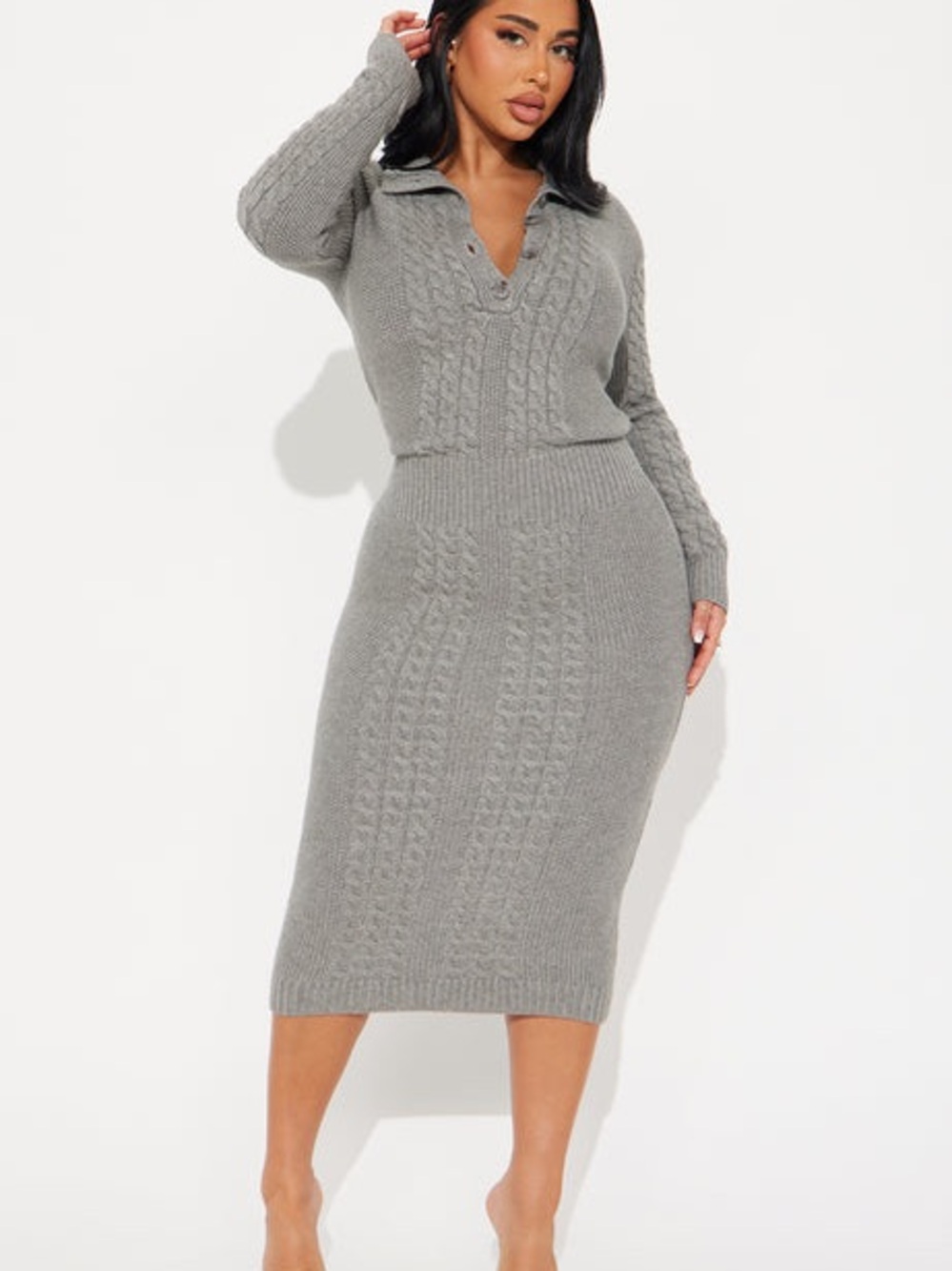 Fashion Nova Gray Cable Knit Long Sleeve Midi Dress